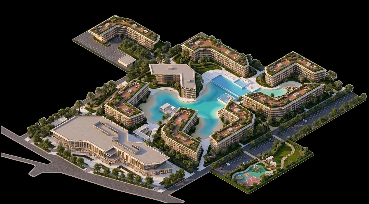 Isometric masterplan of The Village: eight residential blocks around a crystal lagoon
